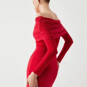 Fashion Nova Red Off-Shoulder Ruched Long Sleeve Dress